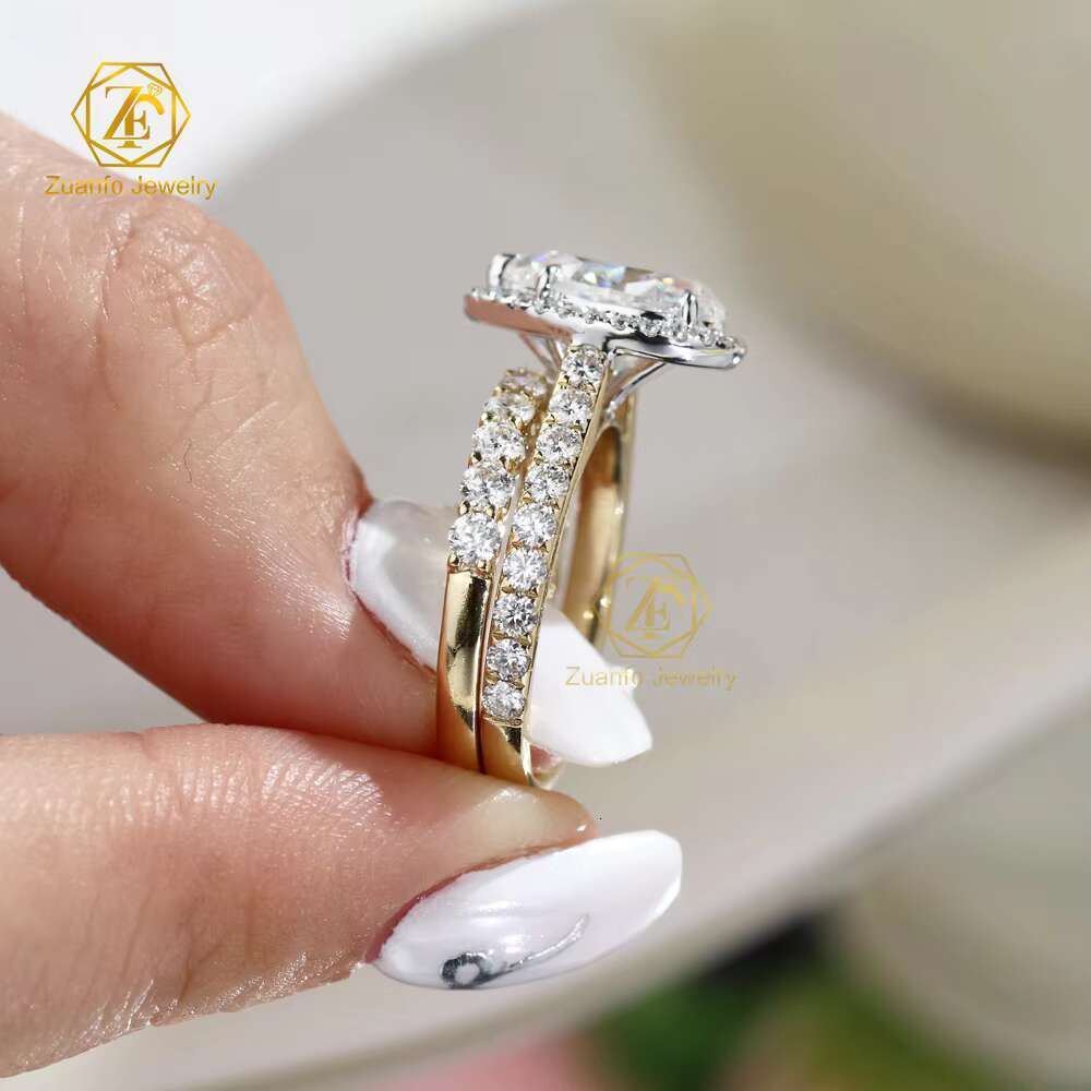 Romantic Women Fine Jewelry Ring Set 2ct Pear Cut 14k Solid Gold Moissanite Halo Ring Set for Wedding Engagement