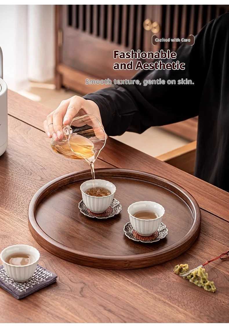 Gianxi Walnut Wood Commercial Tea Tray Home Fruit Cake Round Plate Japanese Tea Cup Storage Tray Y251129