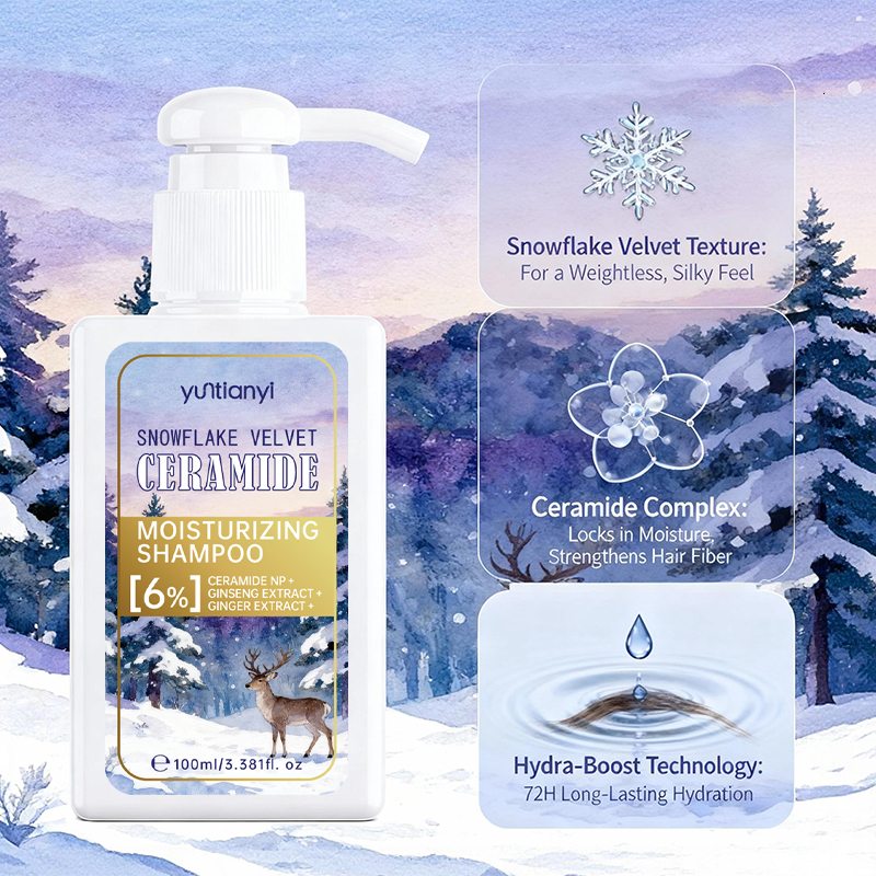Snowflake Velvet Ceramide Moisturizing Shampoo, Ginger Extracts, 100ml Hydrating Hair Care Product for 72H Long-Lasting Moisture & Silky Soft Hair
