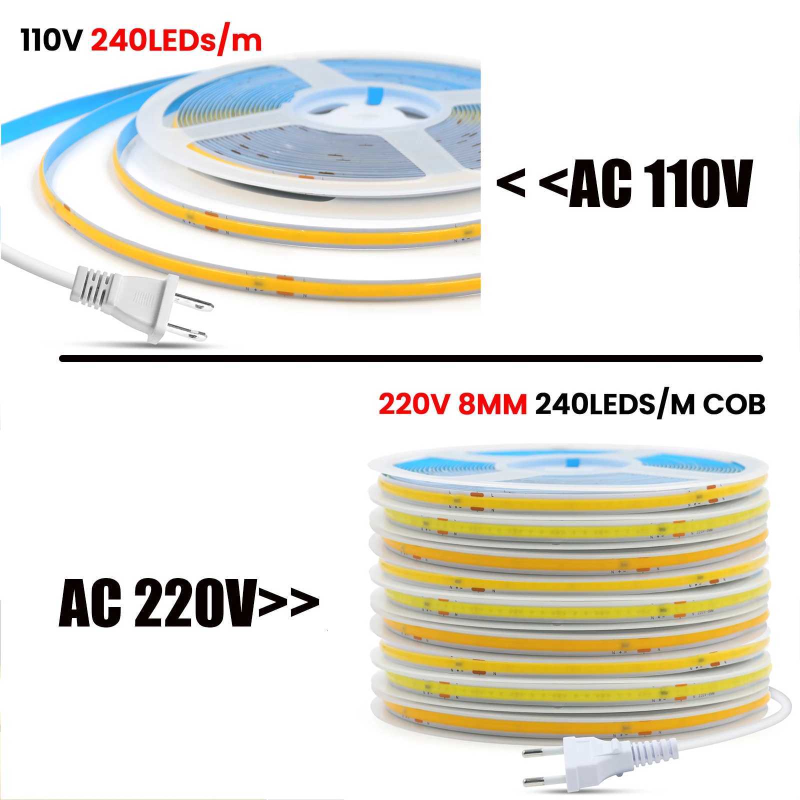AC 110V 220V COB Strip With EU/US Plug 240Leds/M 5M 10M 15M 20M 3000K 4000K 6000K IP20 Flexible Ribbon LED Light For Home Decor M251129