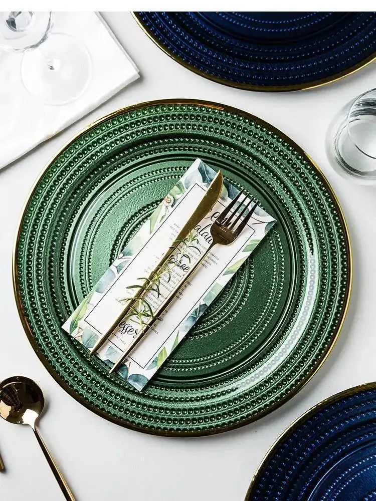 Luxury 13 Inch Plate Nordic Light Luxury Golden Blue Steak Household Round Restaurant Serving Kitchen Tableware Y251129