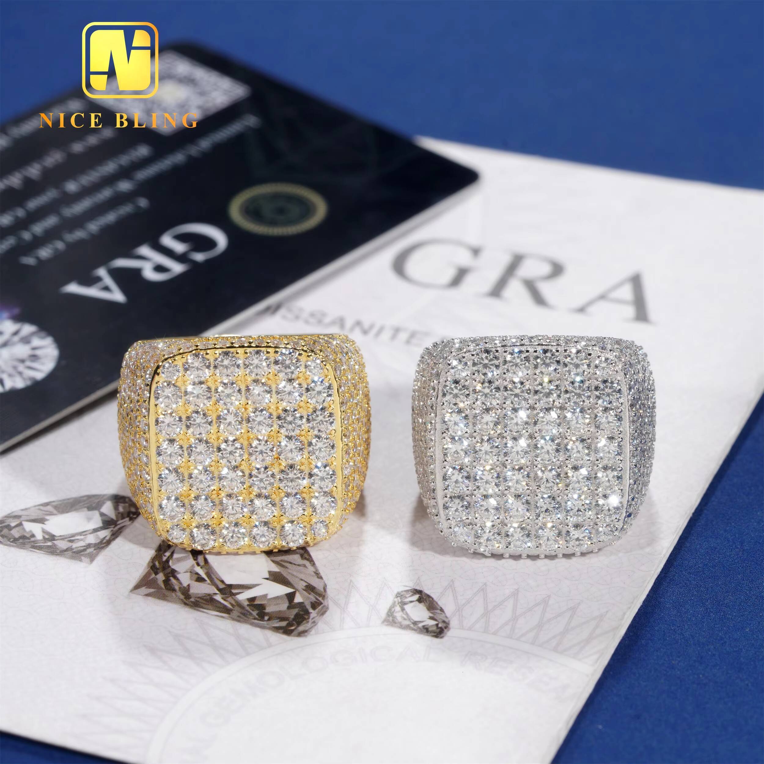 18K Gold Plated Full Iced Out Mens Rings Hip Hop Fashion Jewelry 925 Silver Moissanite square Shape Rings for Engagement