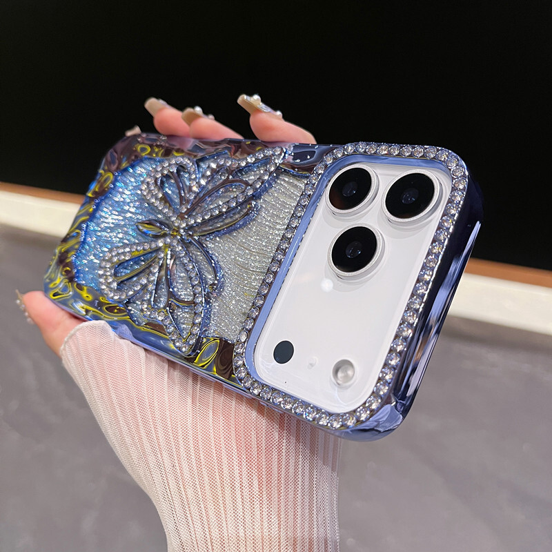 Hollow Large Butterfly Rhinestone Phone Case Compatible with iPhone 17 Pro Max Water Ripple Electroplated Soft Case iPhone 16/15