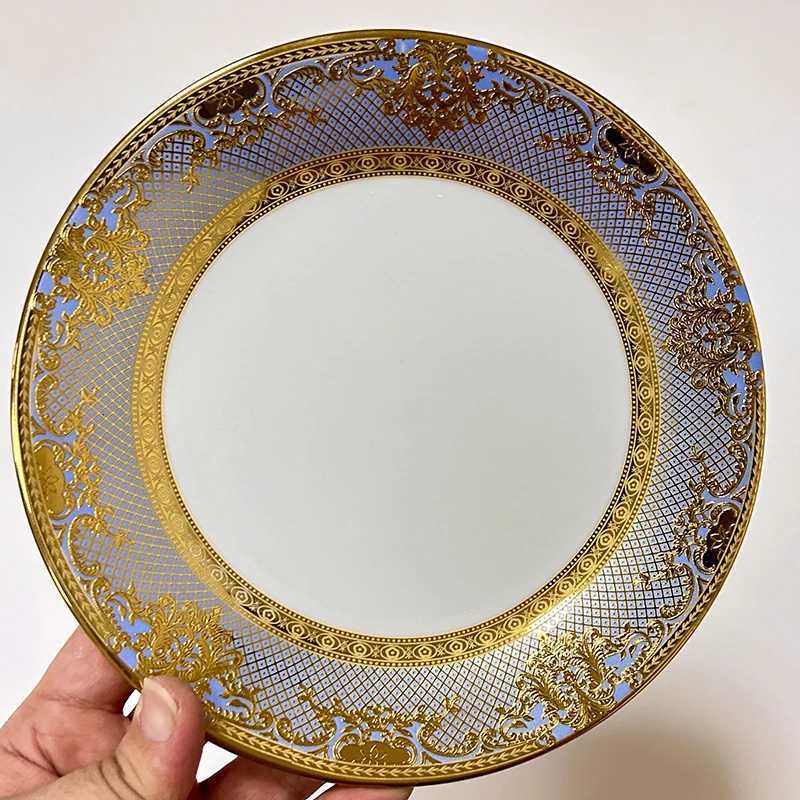 Luxury Steak Plate Light Luxury 7/10-inch Embossed w Gold-rimmed Bone Disc Large Flat Plate Shallow Plate Y251129