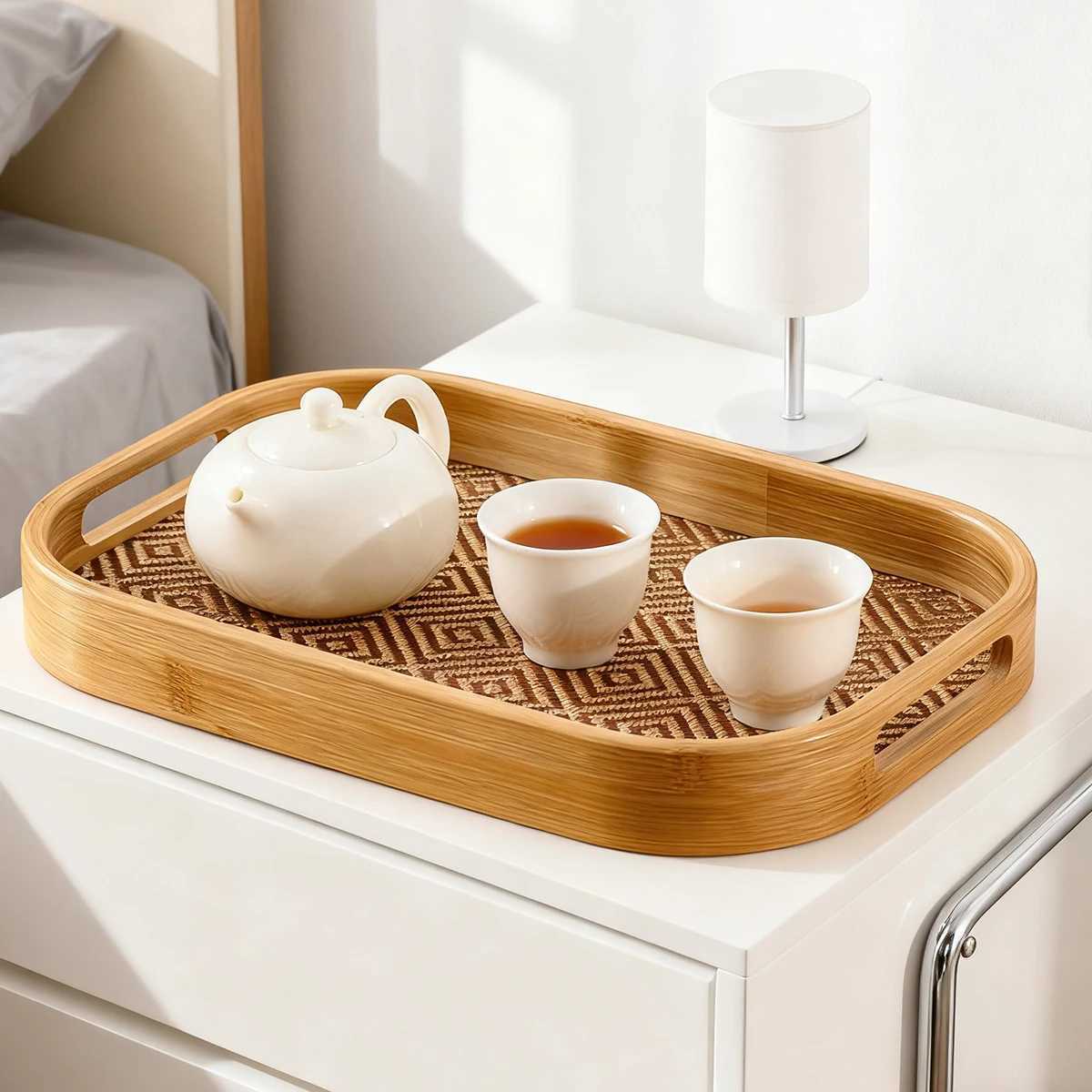 Large Bamboo Rectangular Tray with Handles - Home Restaurant Multi-Functional Platter Y251129