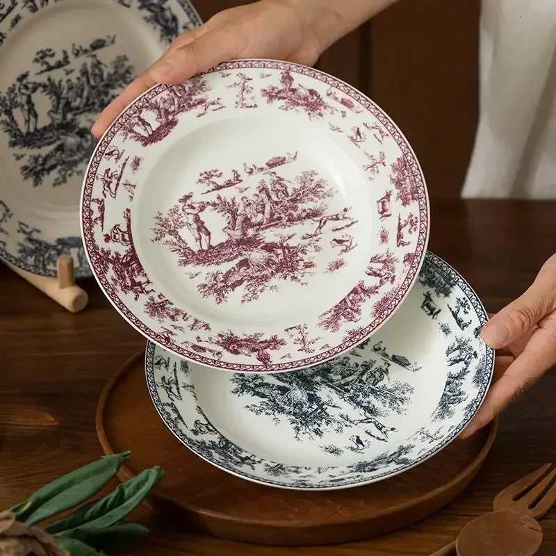 Luxury Retro French Style Ceramic Plate Light Luxury Restaurant Pasta Plate He Afternoon Tea Dessert Fruit Plates Exquisite Tableware Y251129