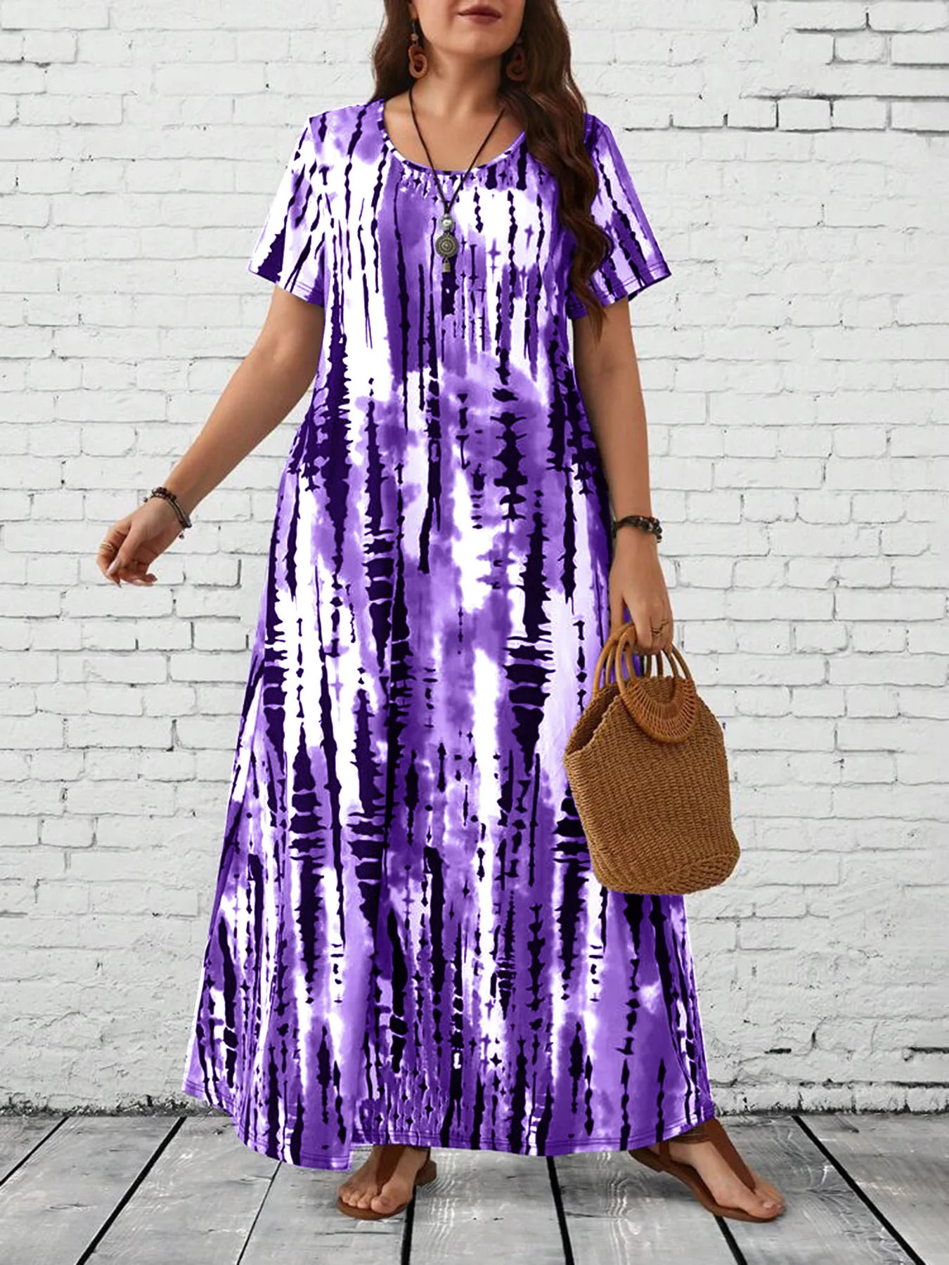Summer womens casual round neck tie dye printed long skirt plus size dress 250420