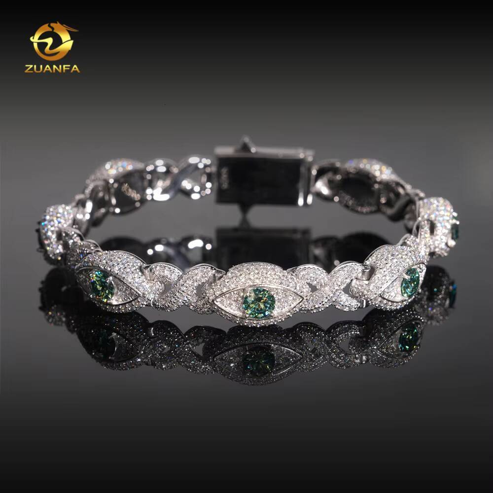 12MM Hip Hop Jewelry Iced Out Men Cuban Bracelet Evil Eye 925 Silver Color Moissanite Bracelet Spring Box Lock Pass Diamond Test