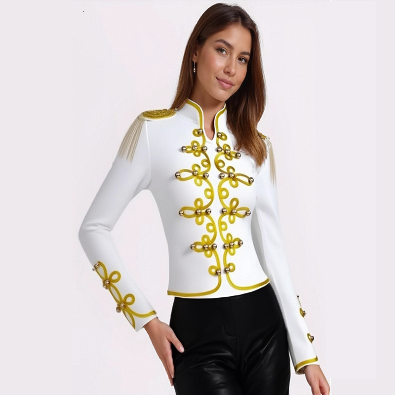 2025 Womens Autumn Winter Top Jacket with Tassels Beaded Embroidery Shoulder Patches Host Party Slim Fit Outfit 211109