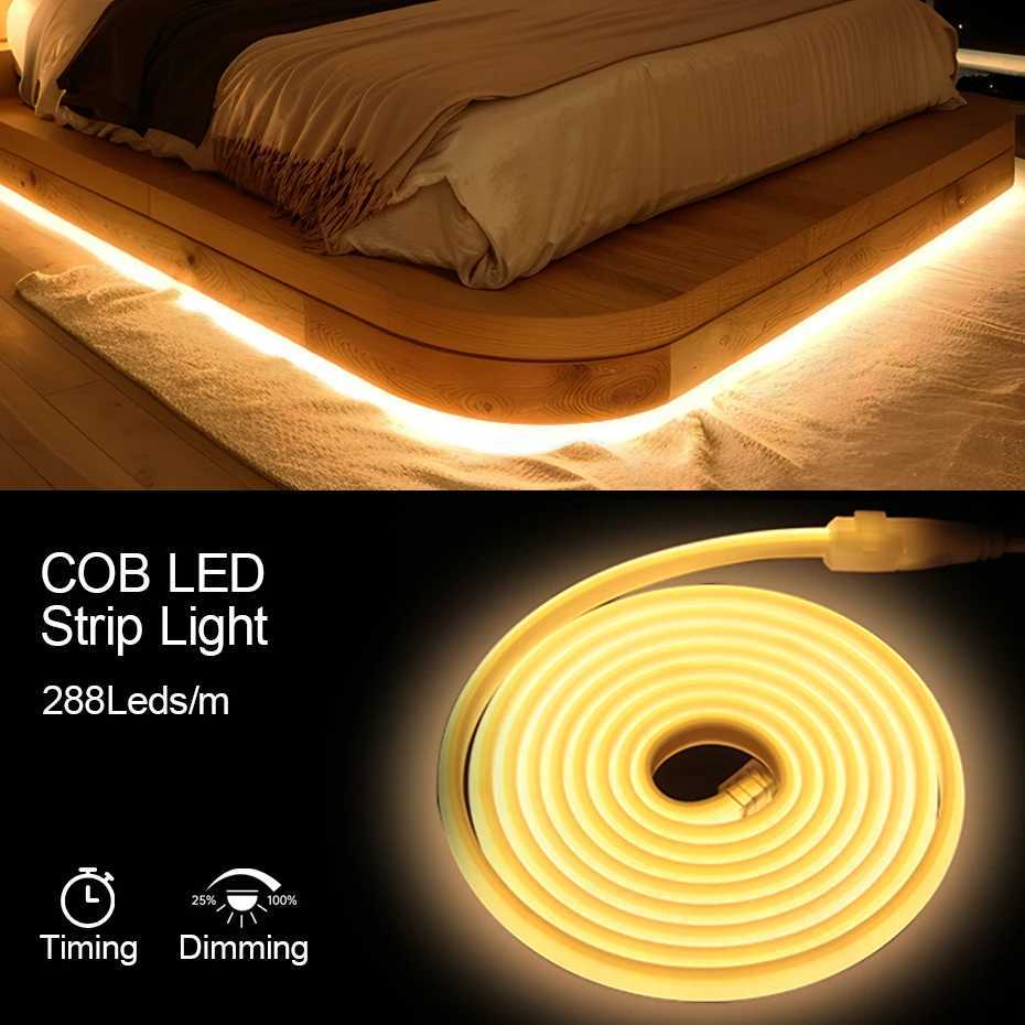 220V COB LED Strip 288LEDs/m Flexible Tape with Timing Dimming Switch EU/AU/UK/US Plug for Indoor Outdoor Lighting 1m-25m M251129