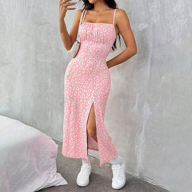 L1117New Amazon Spring and Summer Sling Wrap Chest Slit Daisy Hip-wrapped Printed Medium Dress for Women