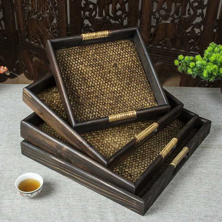 Wooden Tray Thai Rattan Beauty Salon Tray Hotel Rectangular Water Cup Tea Cup Storage Tea Tray Y251129