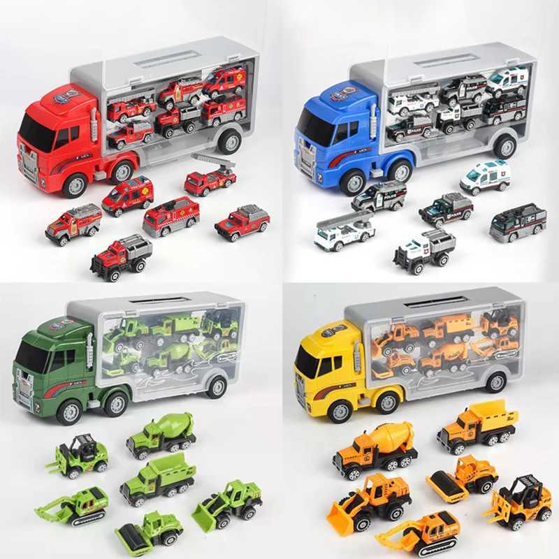 New Storage Container Truck Model Simulation Engineering Fire Military Fleet Toy with Six Alloy Cars Childrens Car Toy Gift J251129