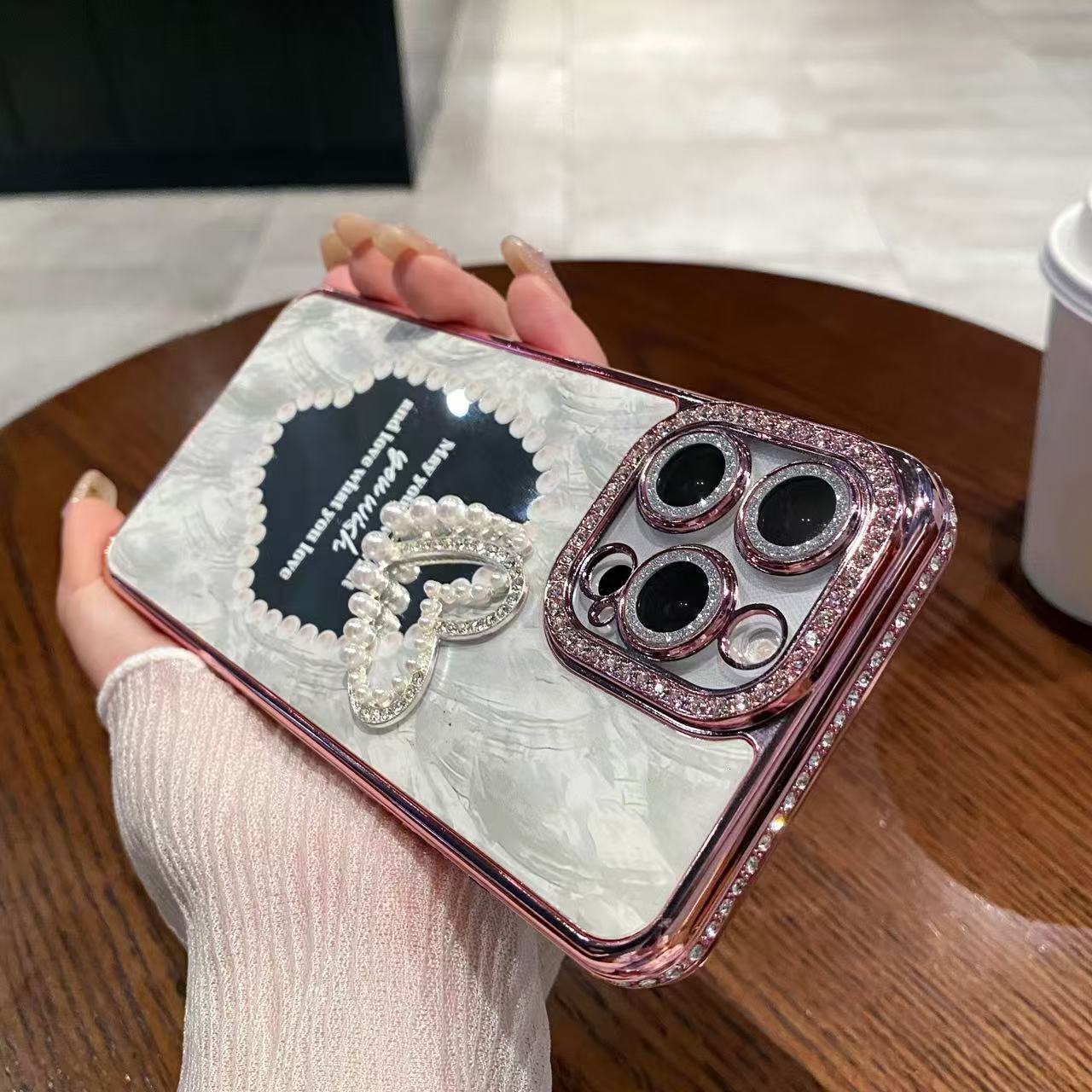 Mirror 3D Pearl Heart Phone Case iPhone 16/15 Pro Max Compatible with Apple 14 Pro Diamond Edge Electroplated Protective Case
