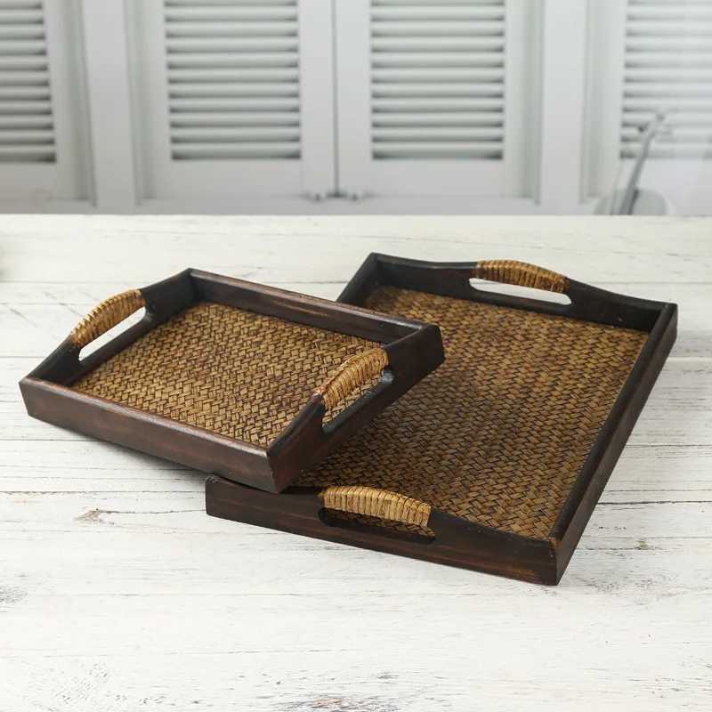 Wooden Tray Thai Rattan Beauty Salon Tray Hotel Rectangular Water Cup Tea Cup Storage Tea Tray Y251129