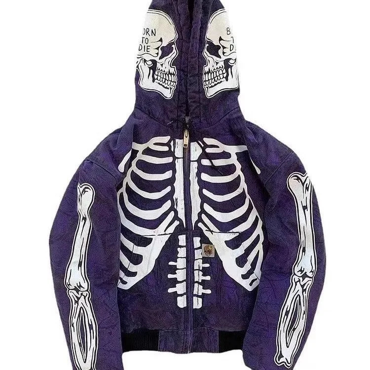 Skull Print Hooded Long Sve Sweatirt Casual Loose Fit Youthful Printed Hoodie Zipper Closure Comfortable Spring Autumn Top 251128