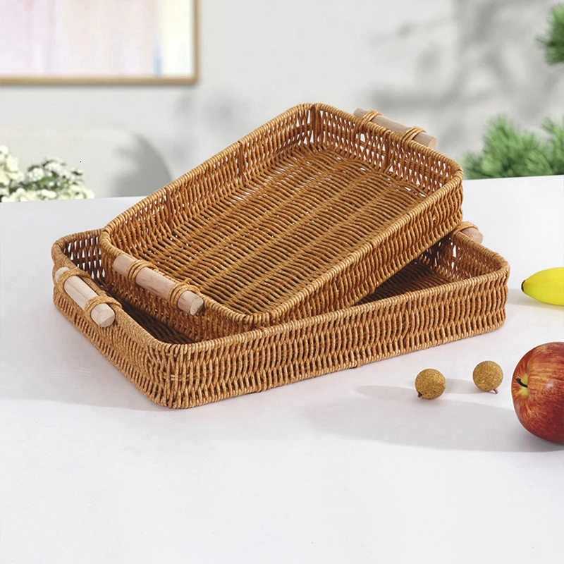 Imitation Rattan Basket Round Square Fruit Bread Storage Basket with Handle Handwoven Storage Tray Home Kitchen Storage Supplies Y251129