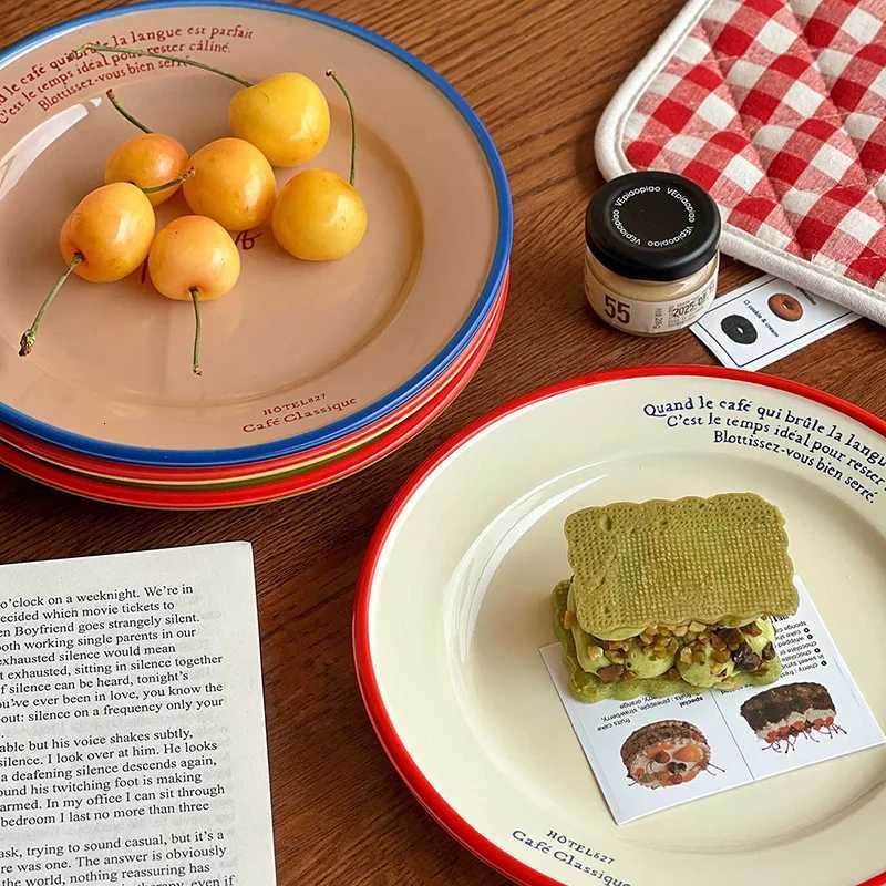 Luxury Korean Letter Printing Ceramic Plate Coffee Shop Dessert Cake Breakfast Plates Household Lunch Western Food Disc Y251129