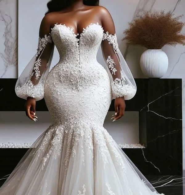 2025 Oversize Aso Ebi Plus Size Ivory Wedding Dress Off Shoulder Lace Full Sleeves Vintage Bridal Gowns Dresses ZJ065