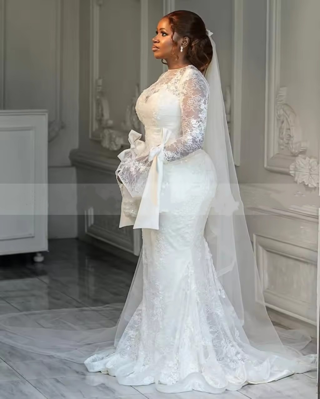 Vintage Long Sleeves Mermaid Wedding Dresses Jewel Neck Lace Applique Bridal Gowns Sweep Train Robe de Mariee Vestidos De Novia Customized