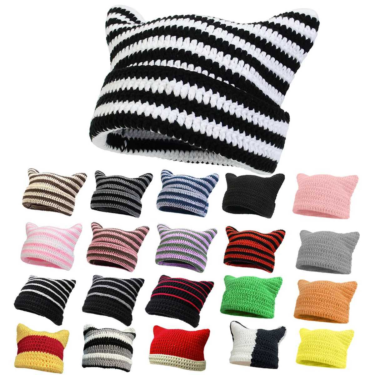 Corchet Cute Cat Ears Beanie Hat for Women Winter Striped Korean Fashion Y2K HipHop Cosplay Knitted Streetwear Men SkulliesXJ251129