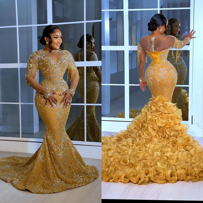 Plus Size Gold Prom Dress 2026 Evening Dresses For Special Occasion Beaded Lace Crystals Sheer Neck Tassel Illusion Birthday Dress Second Reception Go