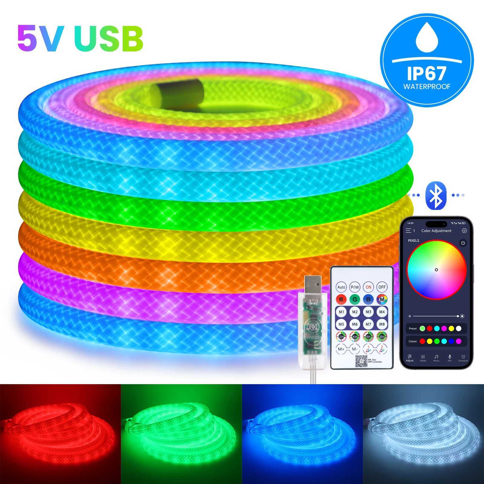 360 Glow Round RGB Neon LED Woven Strip Light 24key Bluetooth APP Remote Control 5V USB WS2812B Music Sync Waterproof Rope Decor M251129