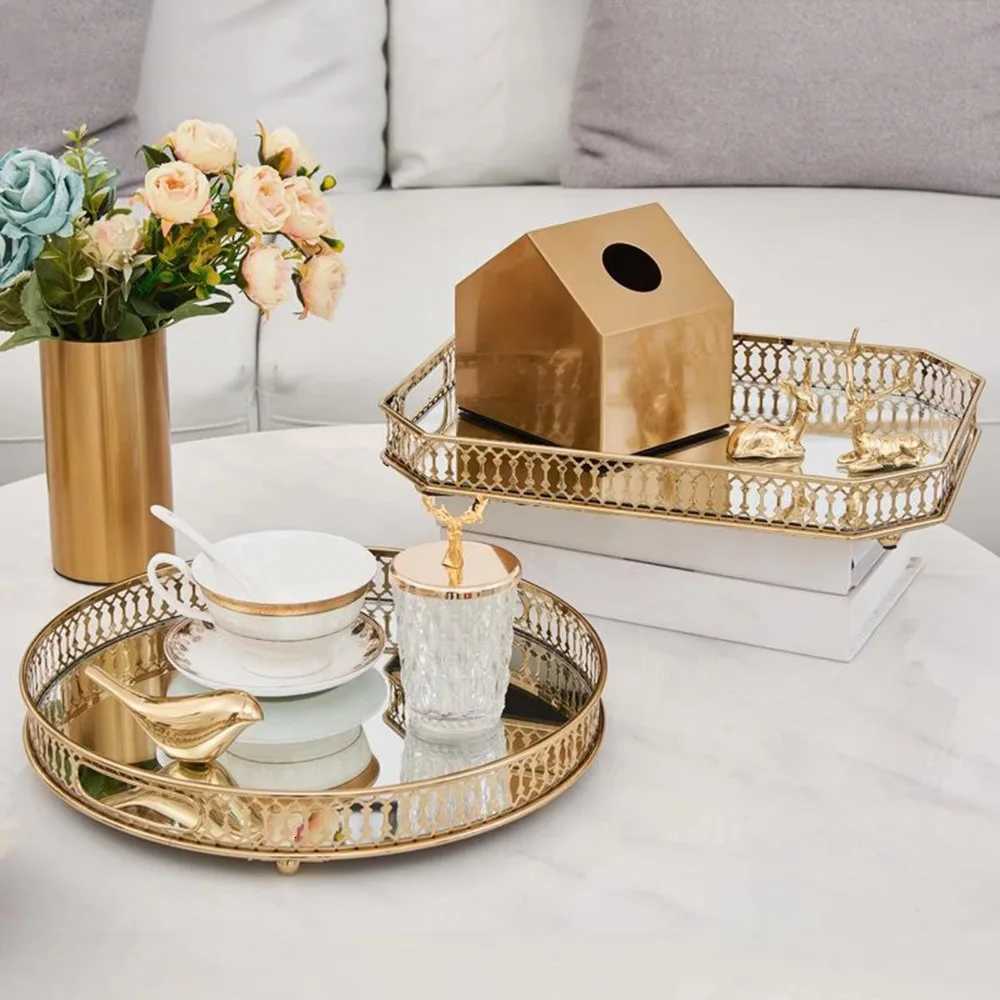 Luxury Gold Mirror Storage Tray Round Rectangle Metal Jewelry Tray Large Capacity Glass Makeup Snack Tray Bedroom Living Room Y251129