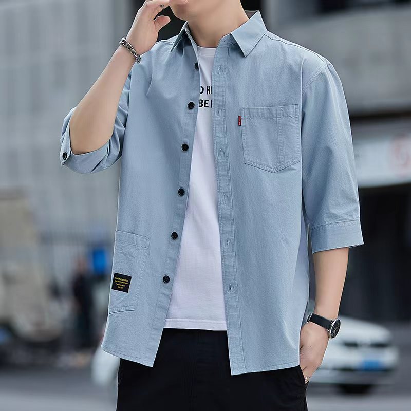 Pure cotton shirt, men's three-quarter sleeve short-sleeved pure cotton workwear, solid color loose mid-sleeved shirt