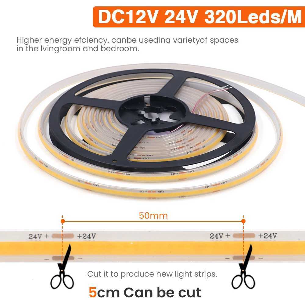 IP68 Waterproof COB Strip 12V 24V 320Leds/M RA90 3000K 4000K 6000K Home Garden Decor Flexible Ribbon Rope LED Light 1M 10M 20M M251129