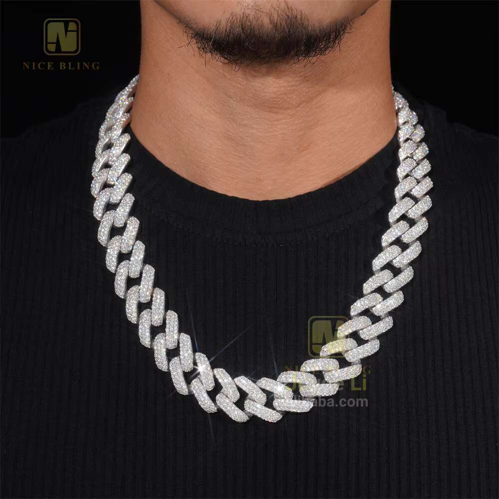 Fine Jewelry Mens Iced Out Jewelry Three Rows 20mm Silver 925 Moissanite Hip Hop Jewelry Cuban Link Chain Men Necklace
