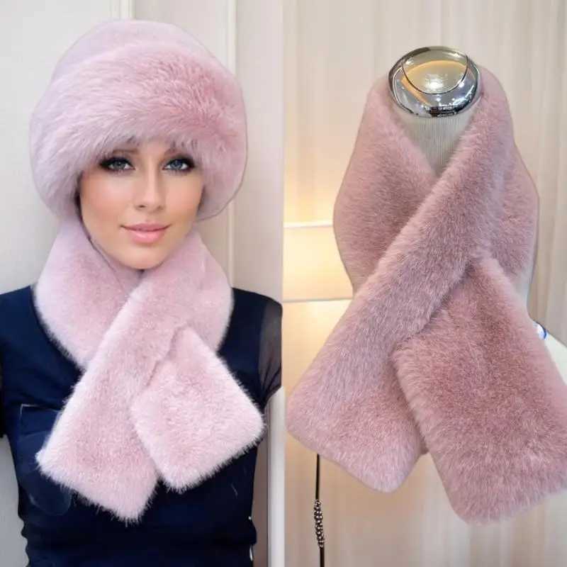 Women Winter Warm Thicken Cross Collar Scarf Imitation Faux Rabbit Fur Scarf Solid Furry Neck Warmer Cold Proof ScarvesJ251129