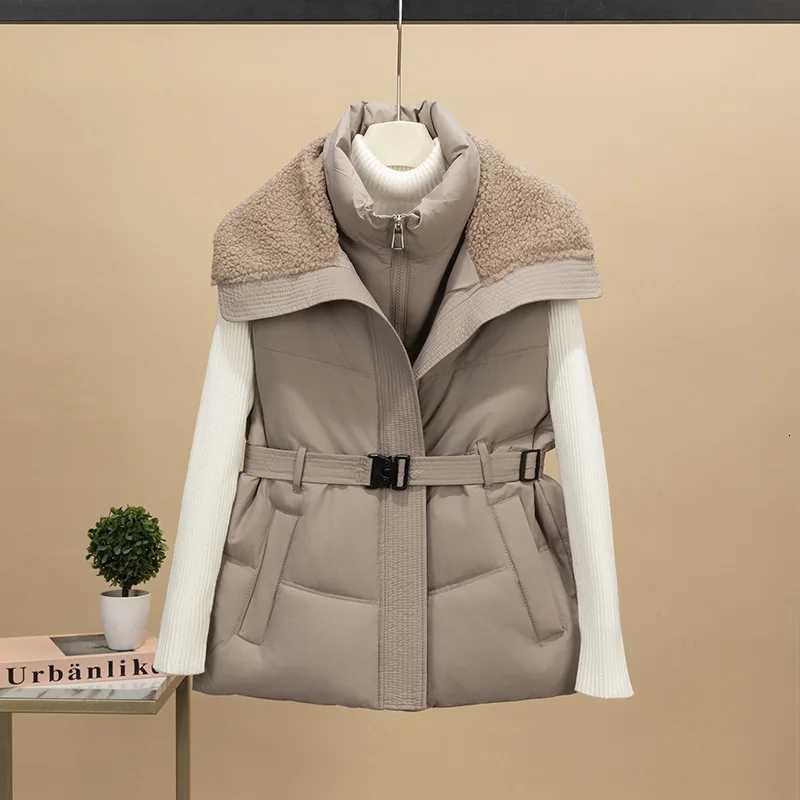 Fashion Stand Up Collar Zipper Waistcoat Warm Sleeveless Quilted Coats Autumn Winter Belt Slim Cotton Jacket Vest for WomenT251129