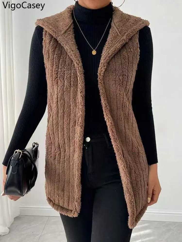 VigoCasey 2025 Autumn Winter Brown Long Thick Vest Coat Woman Sleeveless Plush Warm Waistcoat Lady Hooded Casual Vest JacketT251129