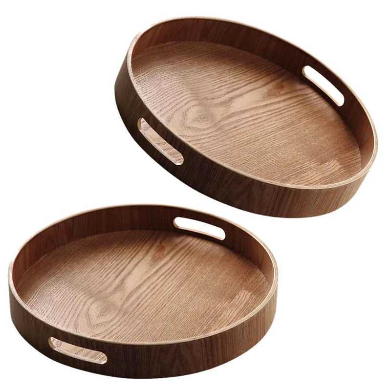 2x Round Serving Bamboo Wooden Tray for Dinner Trays Tea Bar Breakfast Food Container Handle Storage Tray 3 1 Y251129