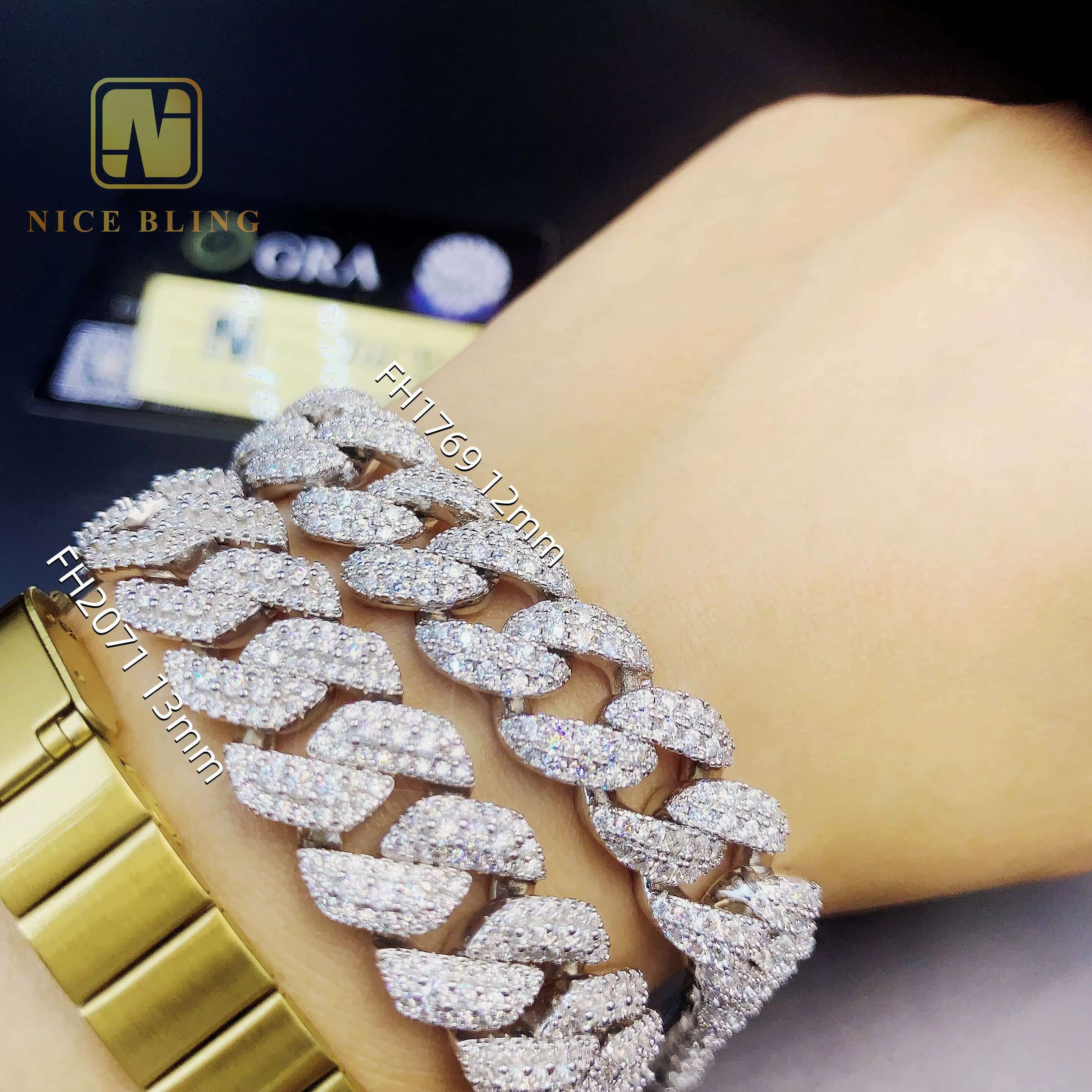 12mm 13mm Moissanite S925 Hip Hop Iced Out Fine Jewelry 10k 12k14k 18k Gold Plated Bust Down Cuban Link Bracelet New Year Gift