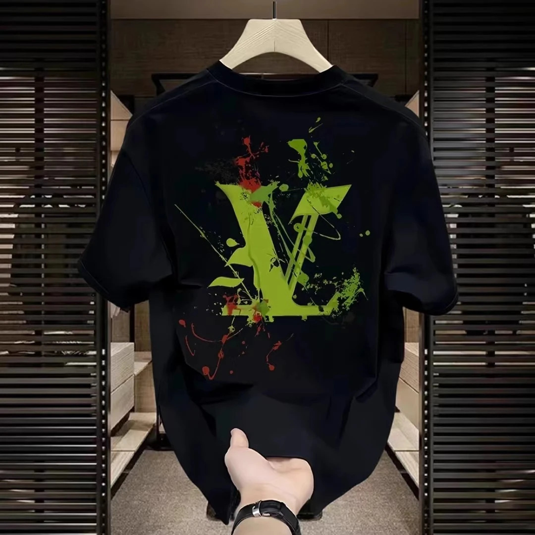 Oversized short-sleeved pure cotton summer new men's printed T-shirt, trendy and versatile round-neck T-shirt 2025