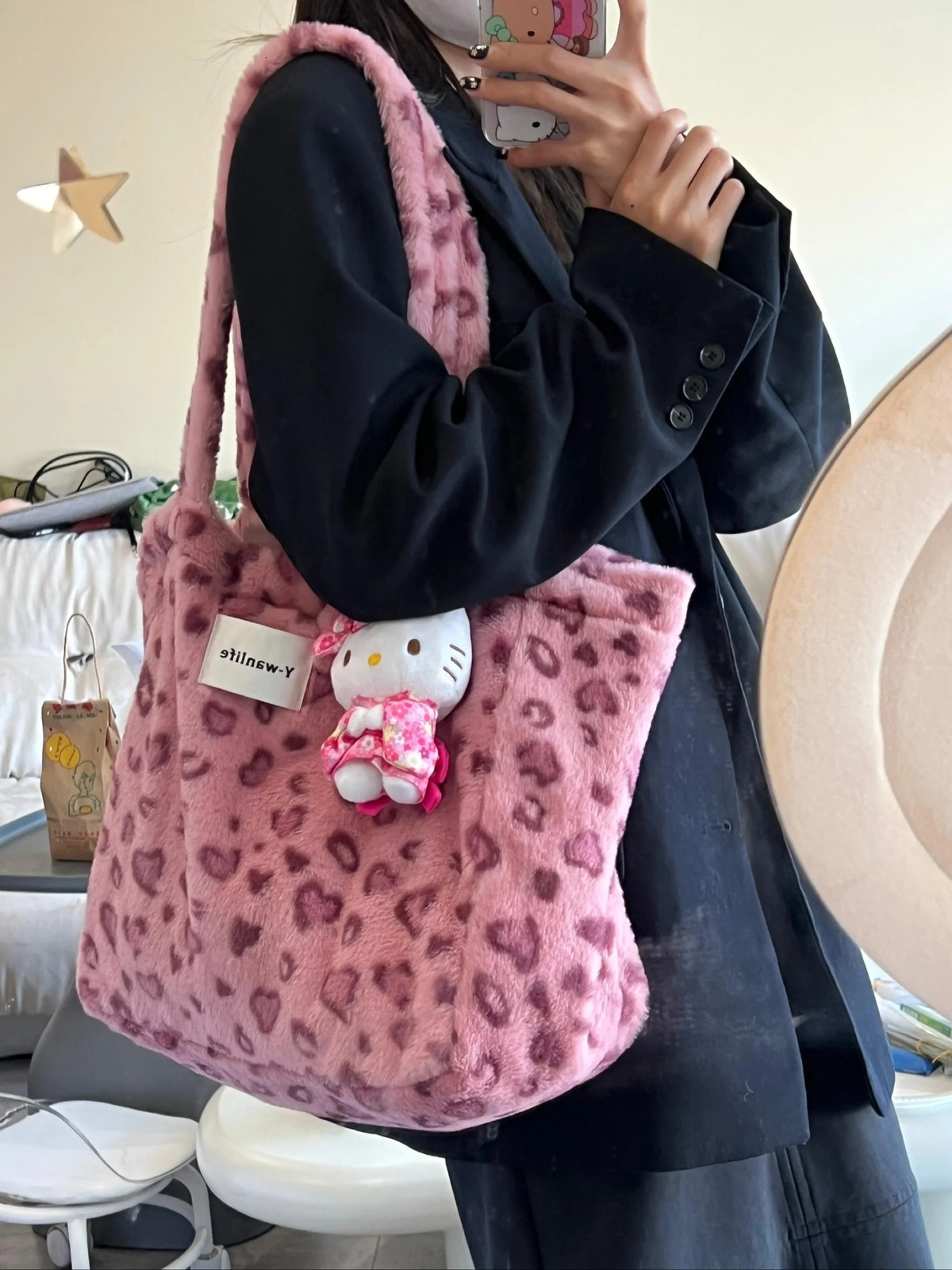 Pink Naughtin Leopard Soft Plu Tote Bag Large Capaci Bag Womens Handbag Sli Korean Sle Polyester Fiber251126