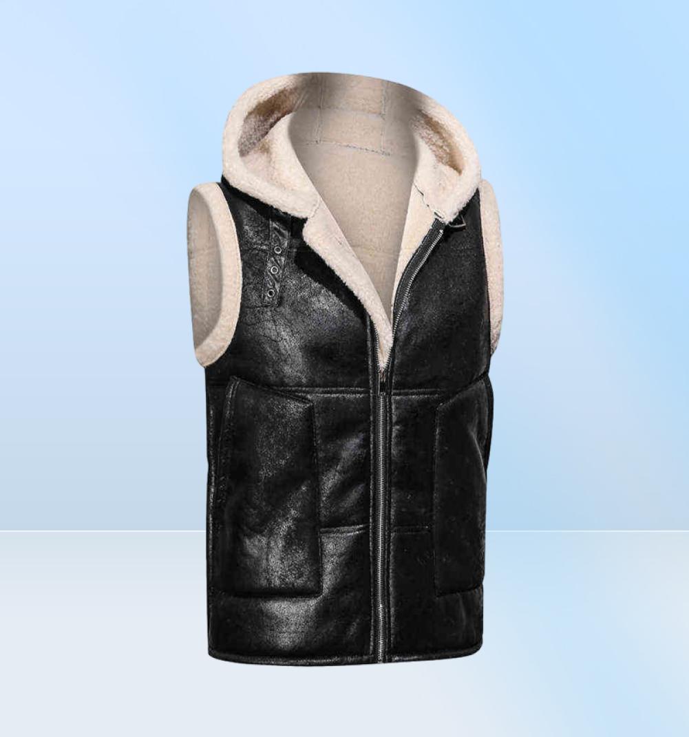 Men Autumn And Winter New Vest Faux Fur Solid Color Zipper Hooded Pu Leather Vest J22072252364443374769