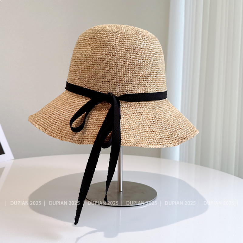 Handmade crochet Lafite grass French fine bow ribbon fishing hat womens summer sun protection straw hat sun basin hat250428