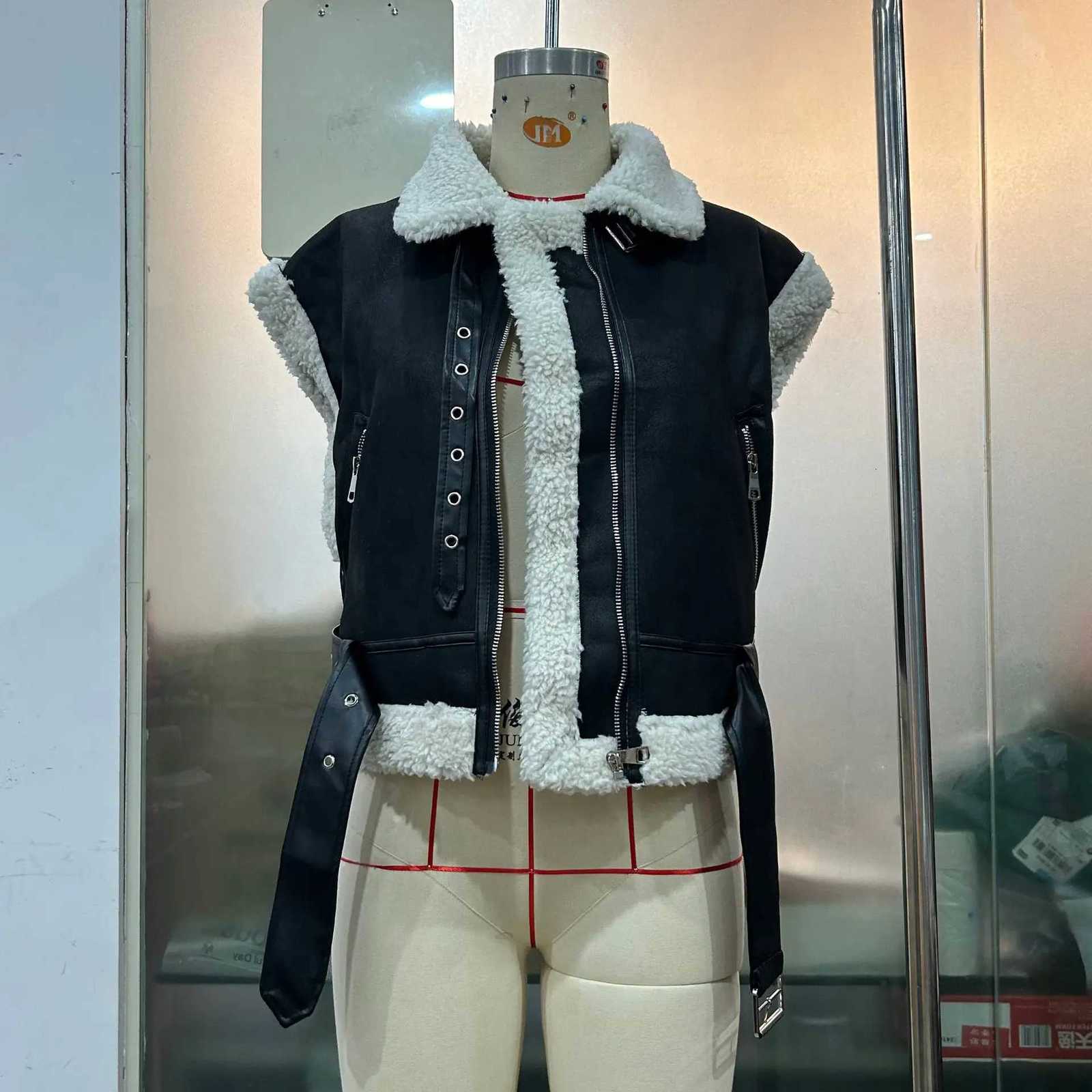 Women Faux Fur Vests Coat Spliced Jacket Zipper Pocket Short Sleeve Turn Down Collar Loose Casual Office Lady 2025 Autumn WinterT251129