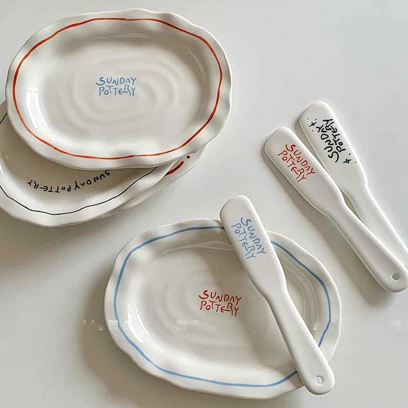 Luxury Ceramic Oval Dessert Plate Irregar Retro Letter Print Pastry Disc Butter Knife Korean Breakfast Plate Tableware Y251129