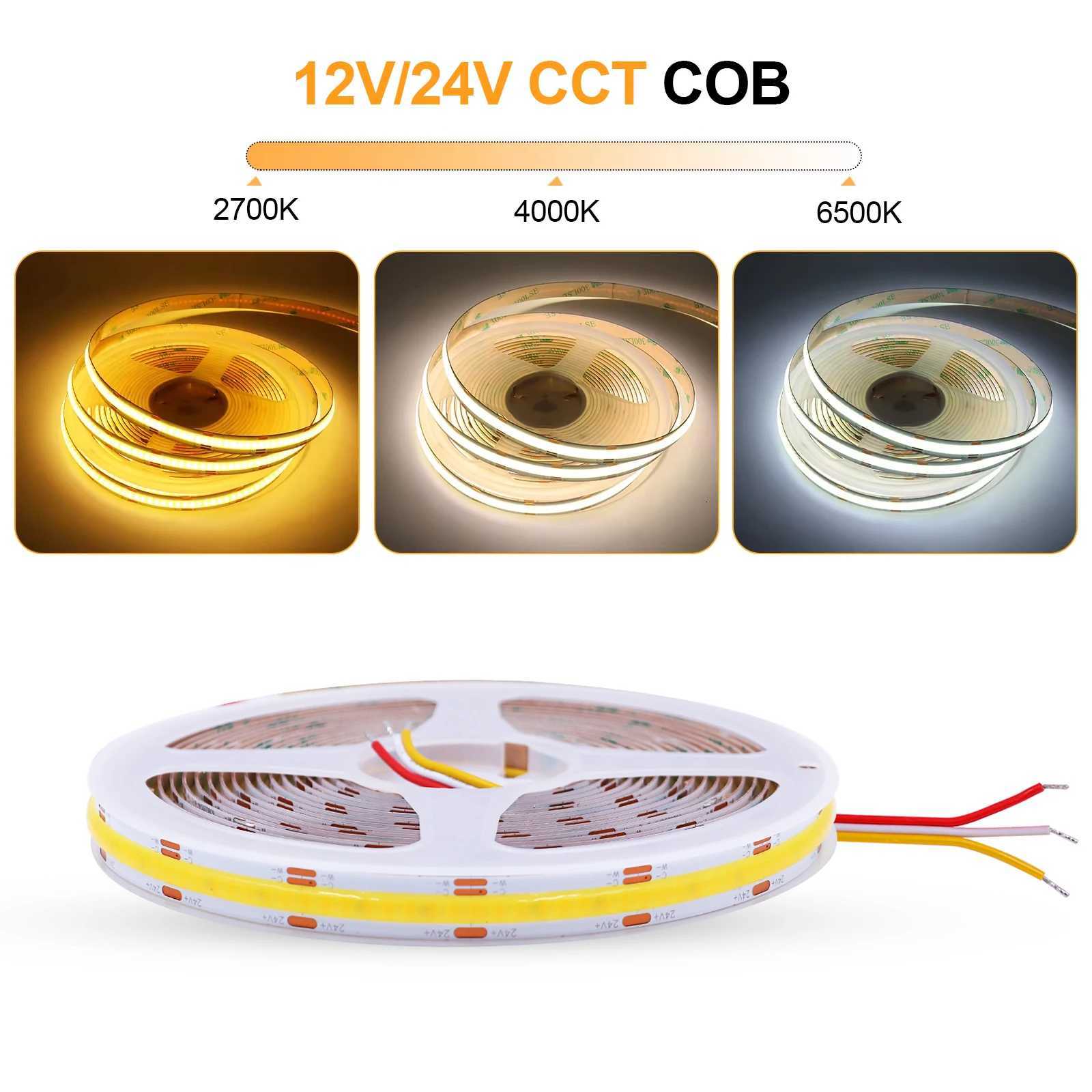 CCT COB LED Strip Lights 608LEDs/m High Density Double Color RA90 Dimmable Led Tape 2700K to 6500K Changing 10mm Width DC12V 24V M251129