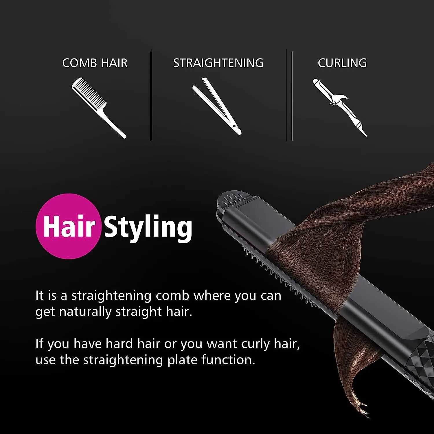Womens 3-in-1 Hair Straightener Curling Flat Iron Electric Hot Comb Ceramic Ionic Fast Heating Hair BrushT251129