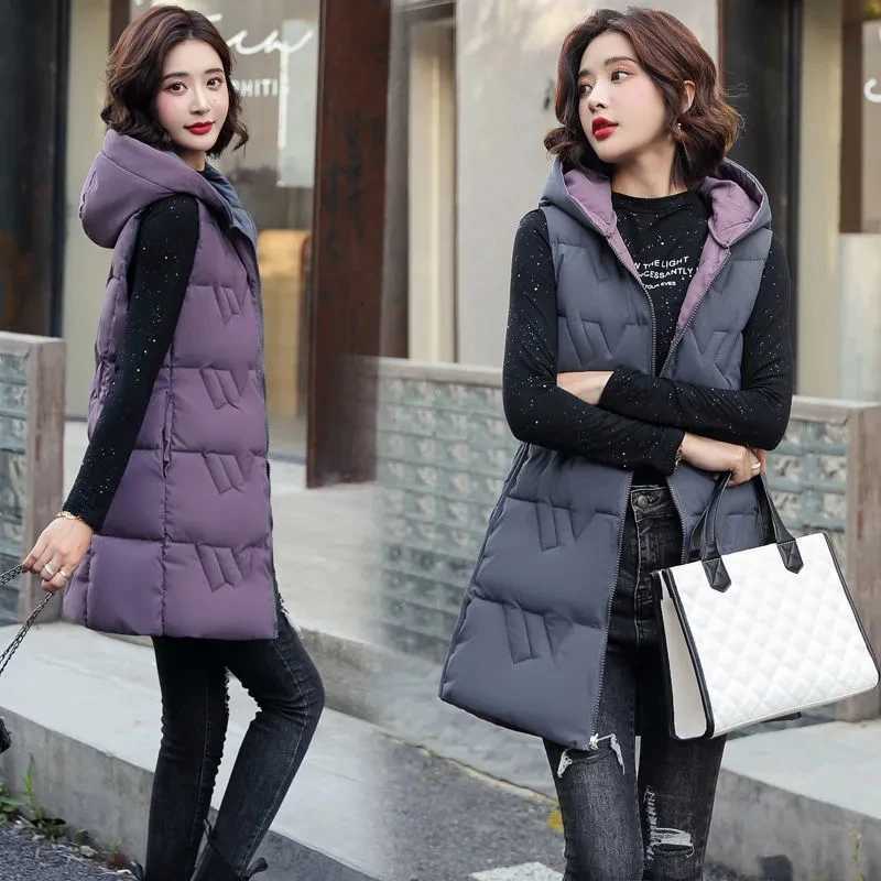 Double Side Vest Korean Slim Hooded Down Cotton Vest Women Waistcoat Sleeveless Jacket 2025 Autumn Winter Jacket Female CoatT251129