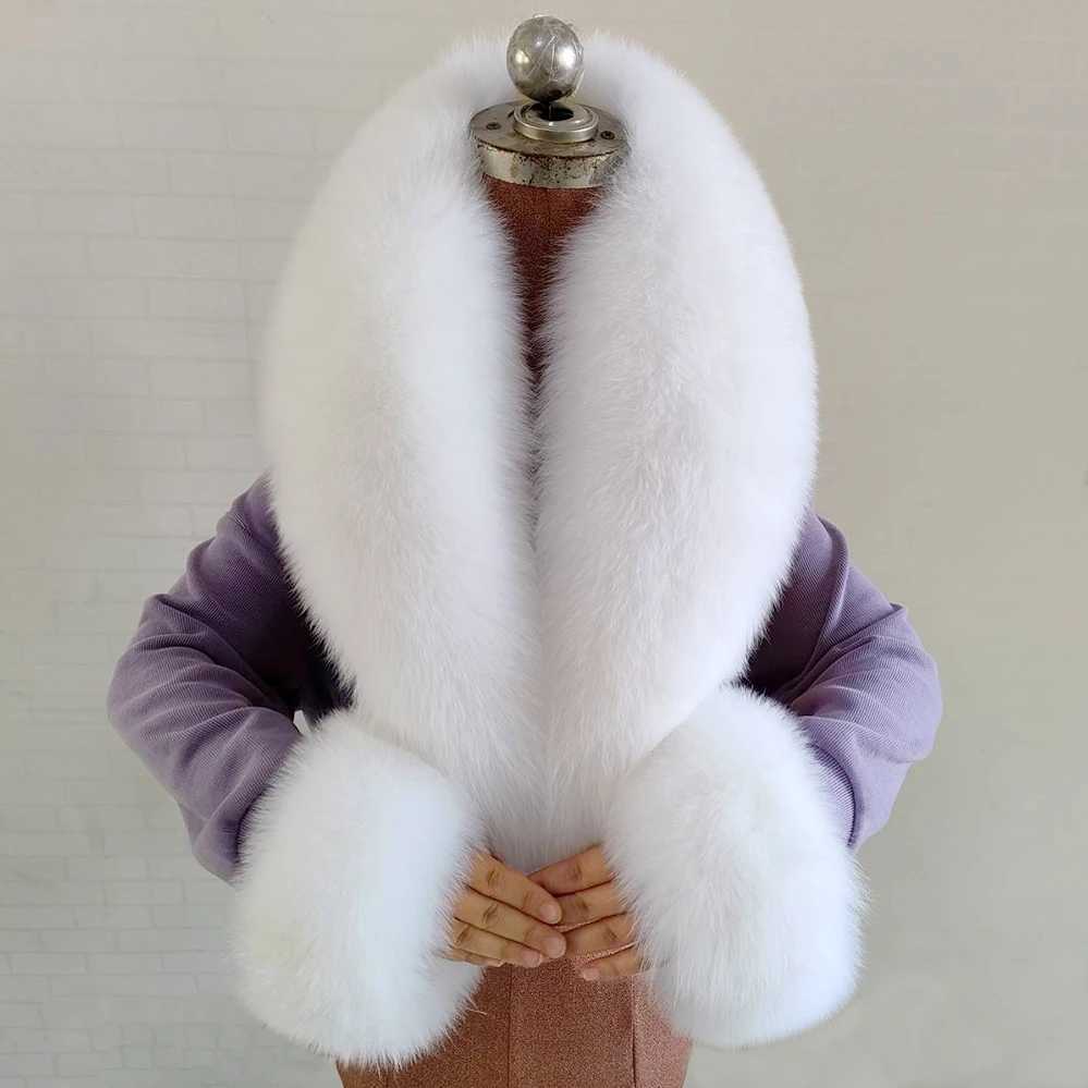 Winter Natural Fox Fur Scarf And Cuff Set Women Jacket Fur Collar Authentic Neck Warm Scarves Luxury Fluffy Fox Fur ShawlJ251129