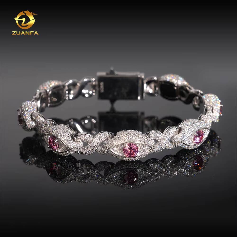12MM Hip Hop Jewelry Iced Out Men Cuban Bracelet Evil Eye 925 Silver Color Moissanite Bracelet Spring Box Lock Pass Diamond Test