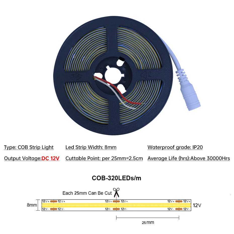 DC12V Ultra-Thin 8mm COB LED Strip 320LEDs/m 05m-5m Dimmable with 3-Key Control for Under Cabinet Showcase Lighting Install M251129