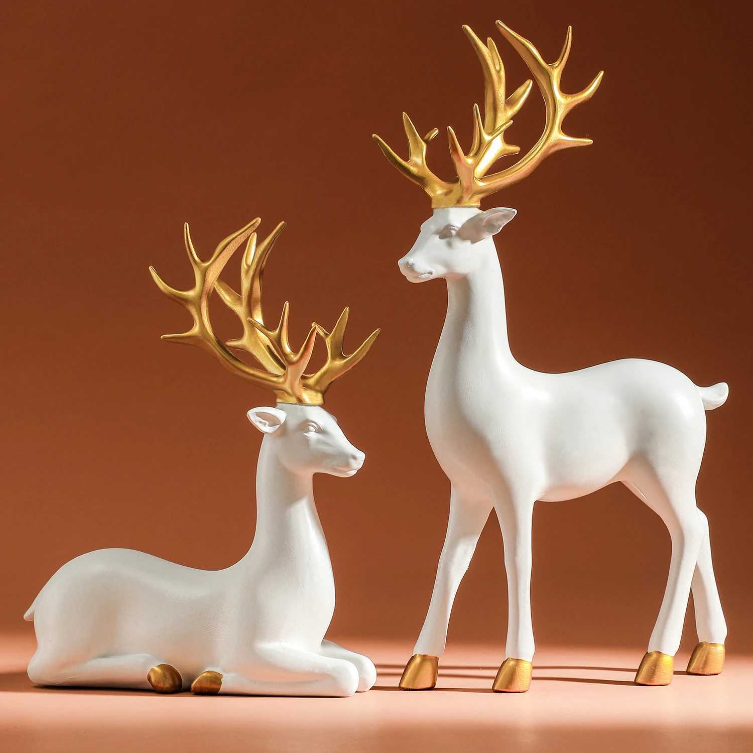 Reindeer Figurines White Deer Statue Elk Scpture Solid Synthetic Resin Living Ro He Christmas Decoration Tabletop Ornament H251129