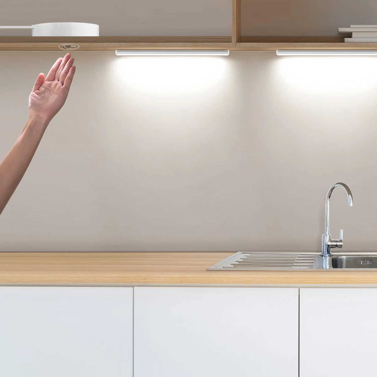 1-6Pcs Kitchen LED Under Cabinet Light Penetrable Wood Hand Scan Motion Sensor Touch Switch Dimmable Bathroom Bar Night Lamp M251129